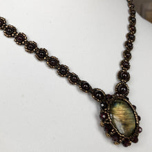 Load image into Gallery viewer, Golden flash Labradorite cabochon pendant necklace framed by fine beading of metallic bronze micro-beads and facetted garnet on garnet fine beaded chain